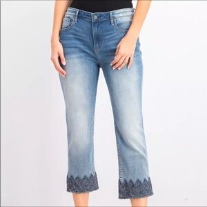 DRIFTWOOD CANDACE Embroidered Hem Straight Ankle High Rise Jeans - 27